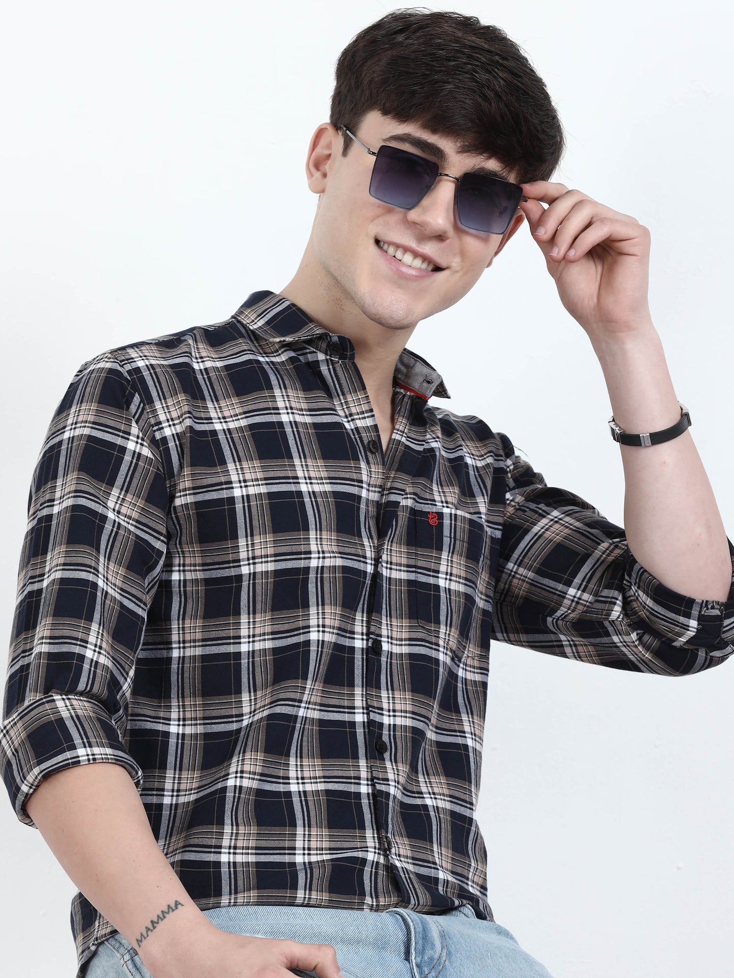 Classic Beige And Navy Blue Check Shirt for men