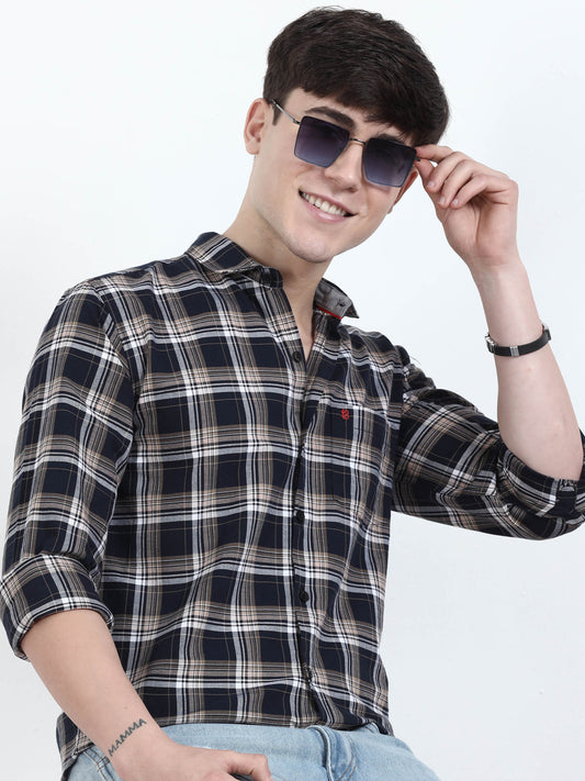 Classic Beige And Navy Blue Check Shirt  for men