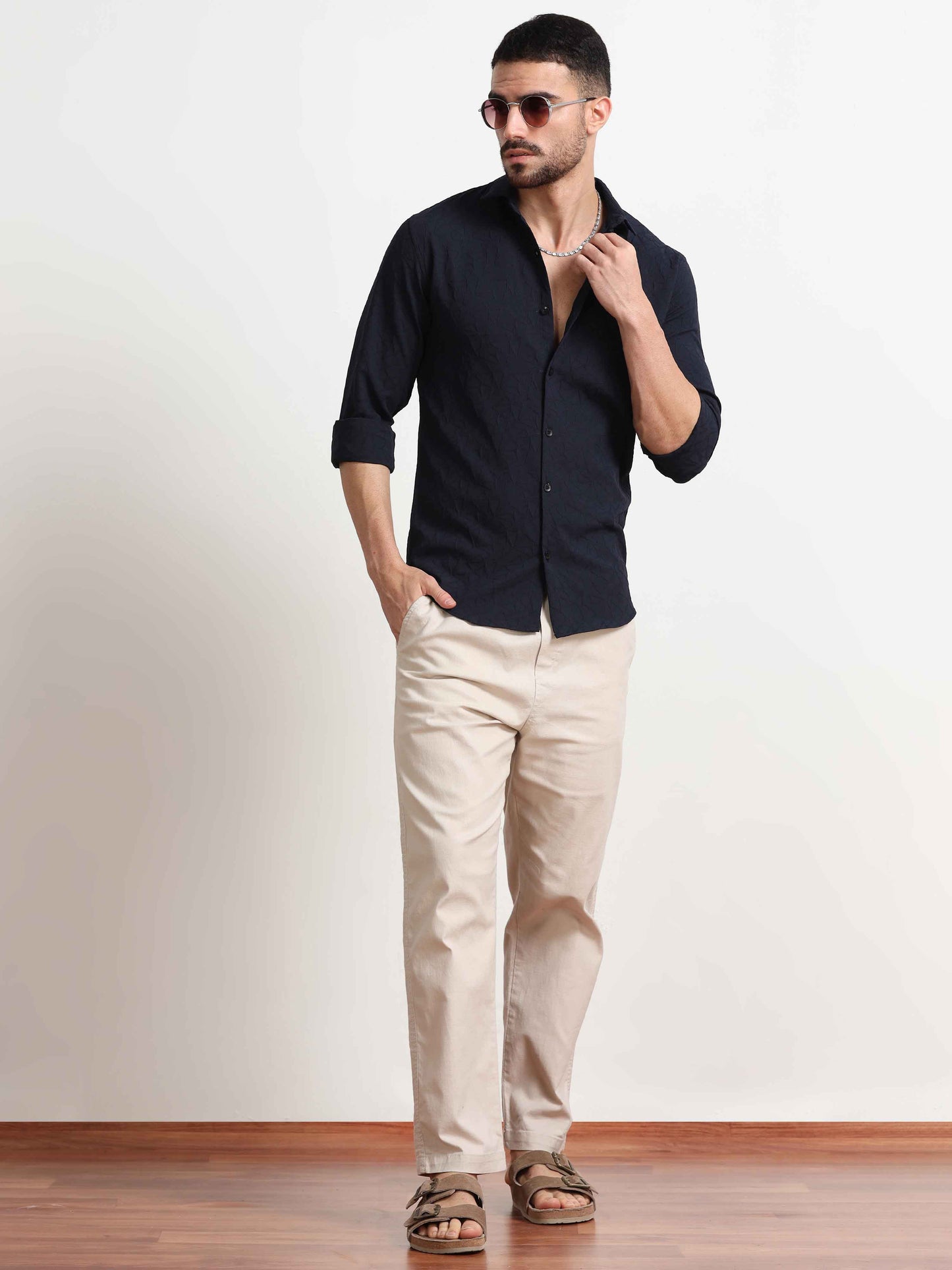 Navy Blue Textured Shirt For Men