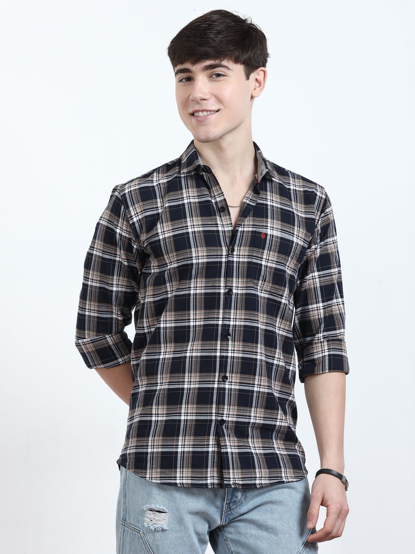 Classic Beige And Navy Blue Check Shirt for men