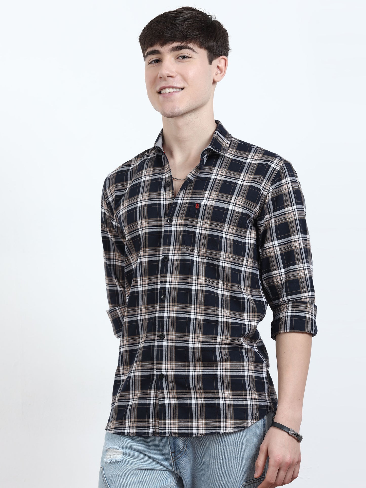 Classic Beige And Navy Blue Check Shirt for men