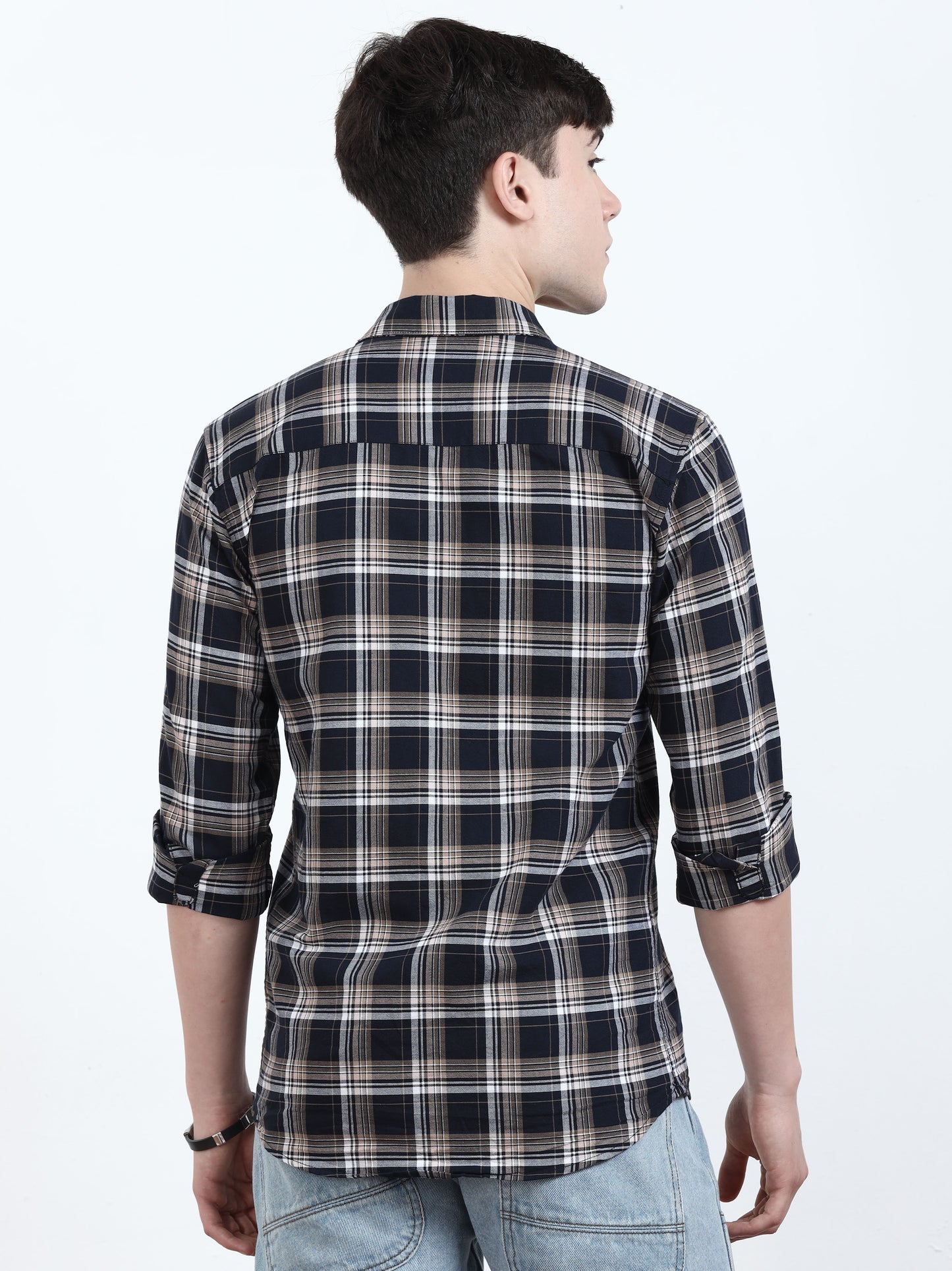 Classic Beige And Navy Blue Check Shirt for men