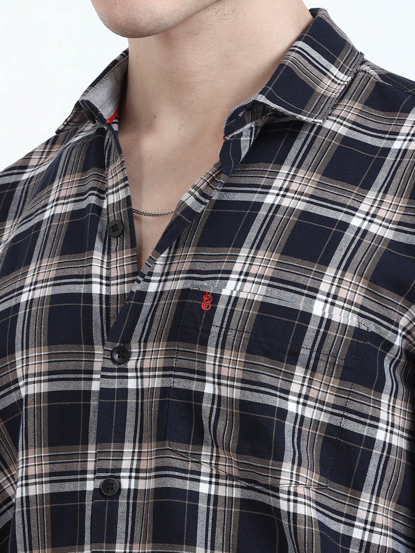 Classic Beige And Navy Blue Check Shirt for men
