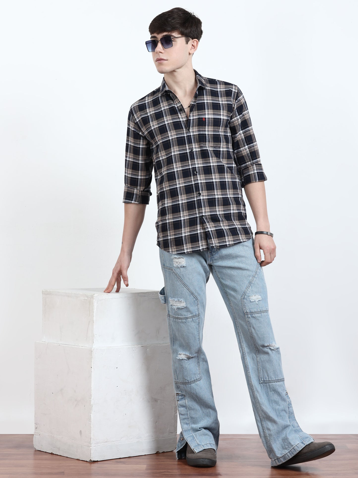 Classic Beige And Navy Blue Check Shirt for men