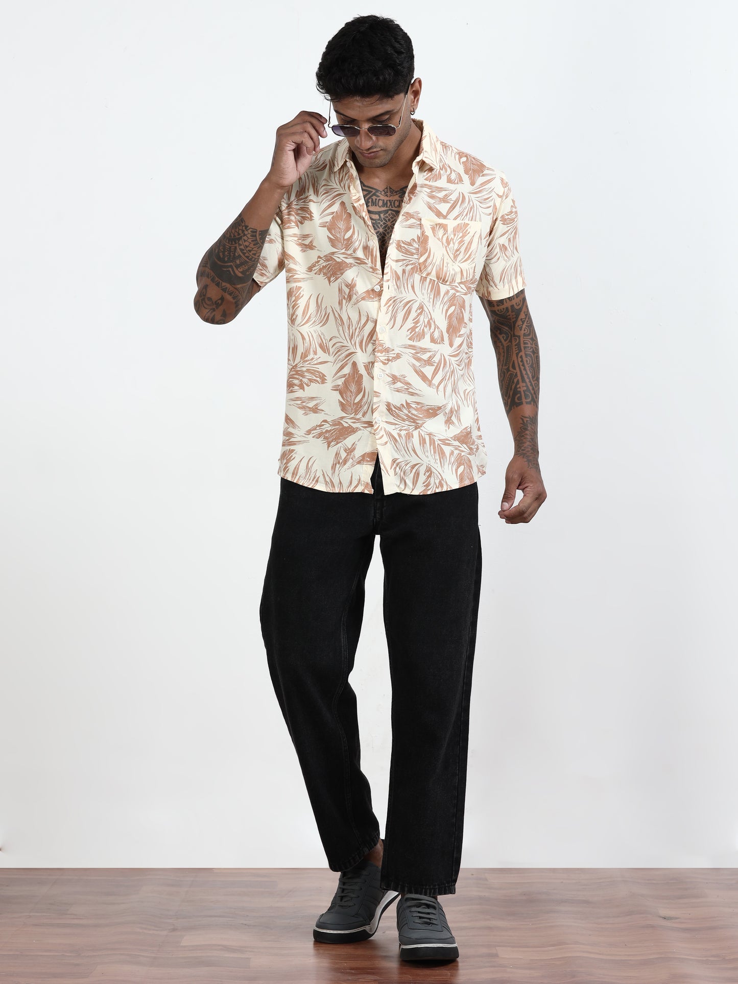 Leaf Light Printed Brown Shirt For Men