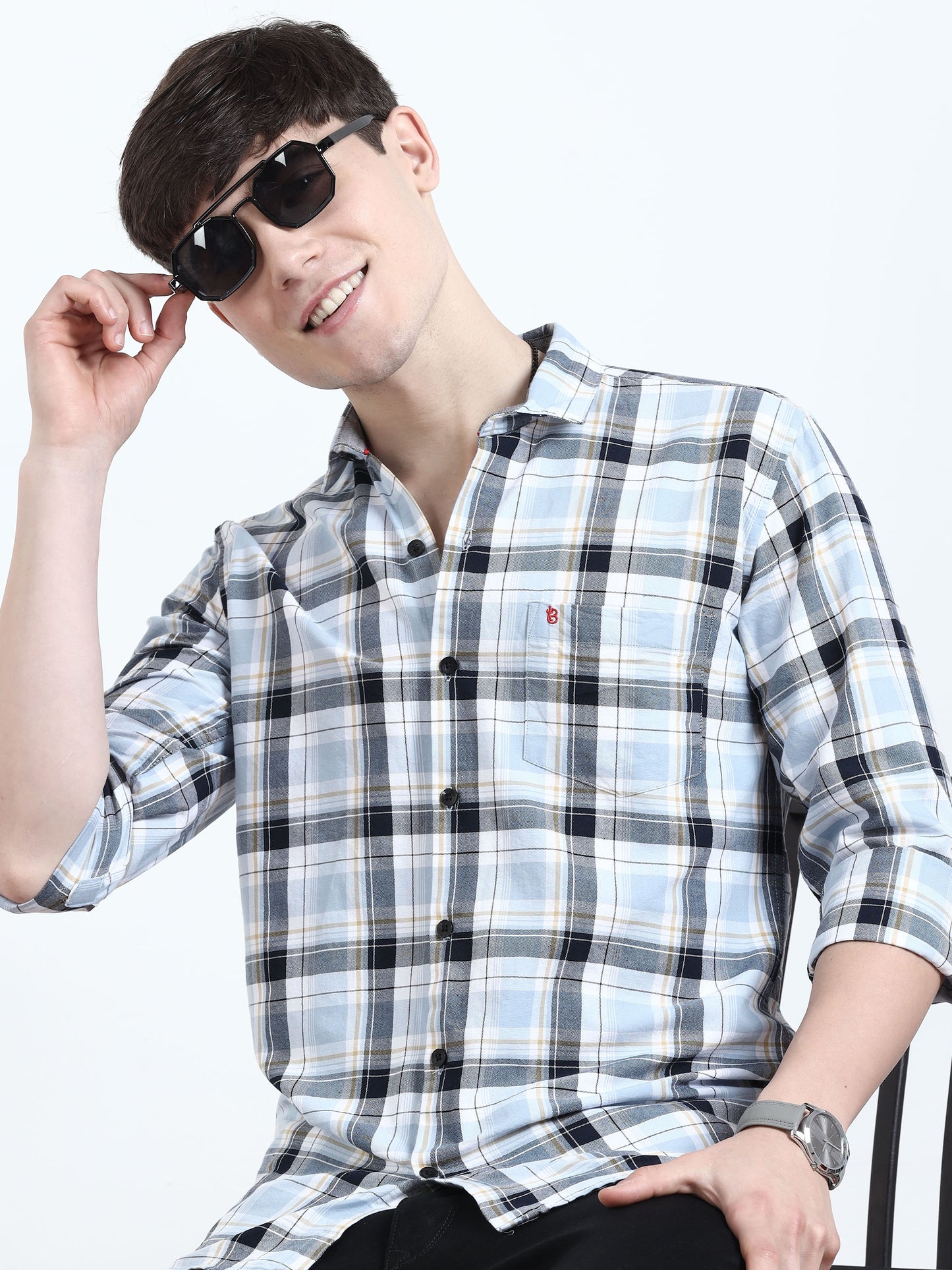 Classic Sky Blue And Black Check Shirt For Men