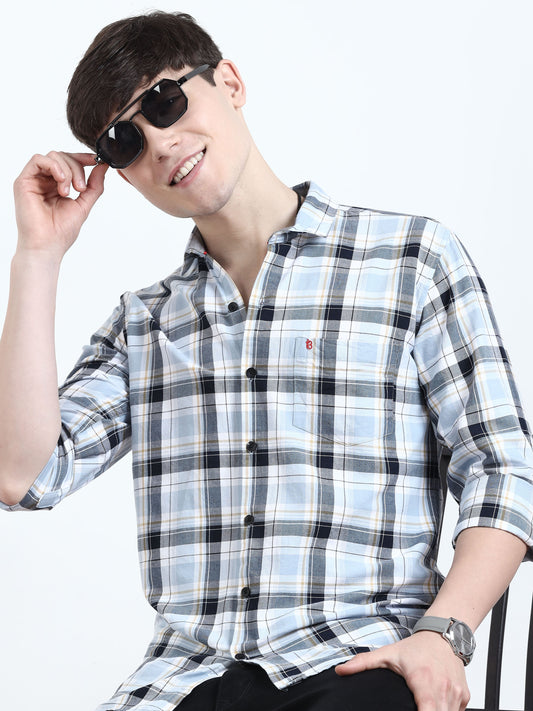 Classic Sky Blue And Black Check Shirt For Men