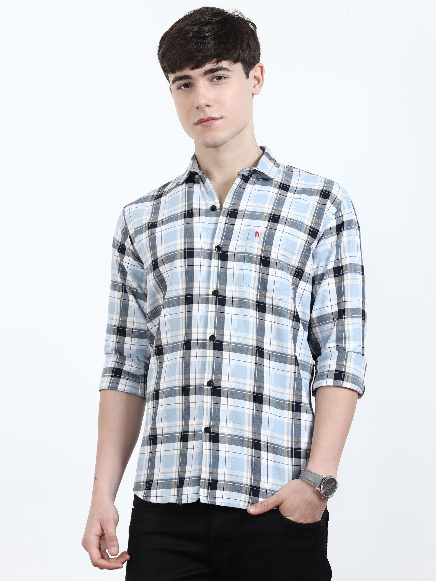 Classic Sky Blue And Black Check Shirt For Men