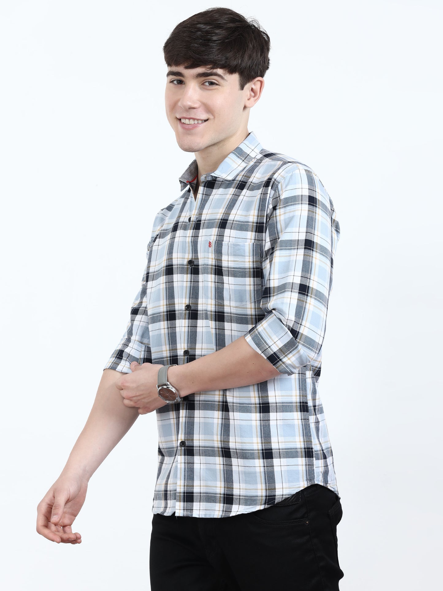 Classic Sky Blue And Black Check Shirt For Men