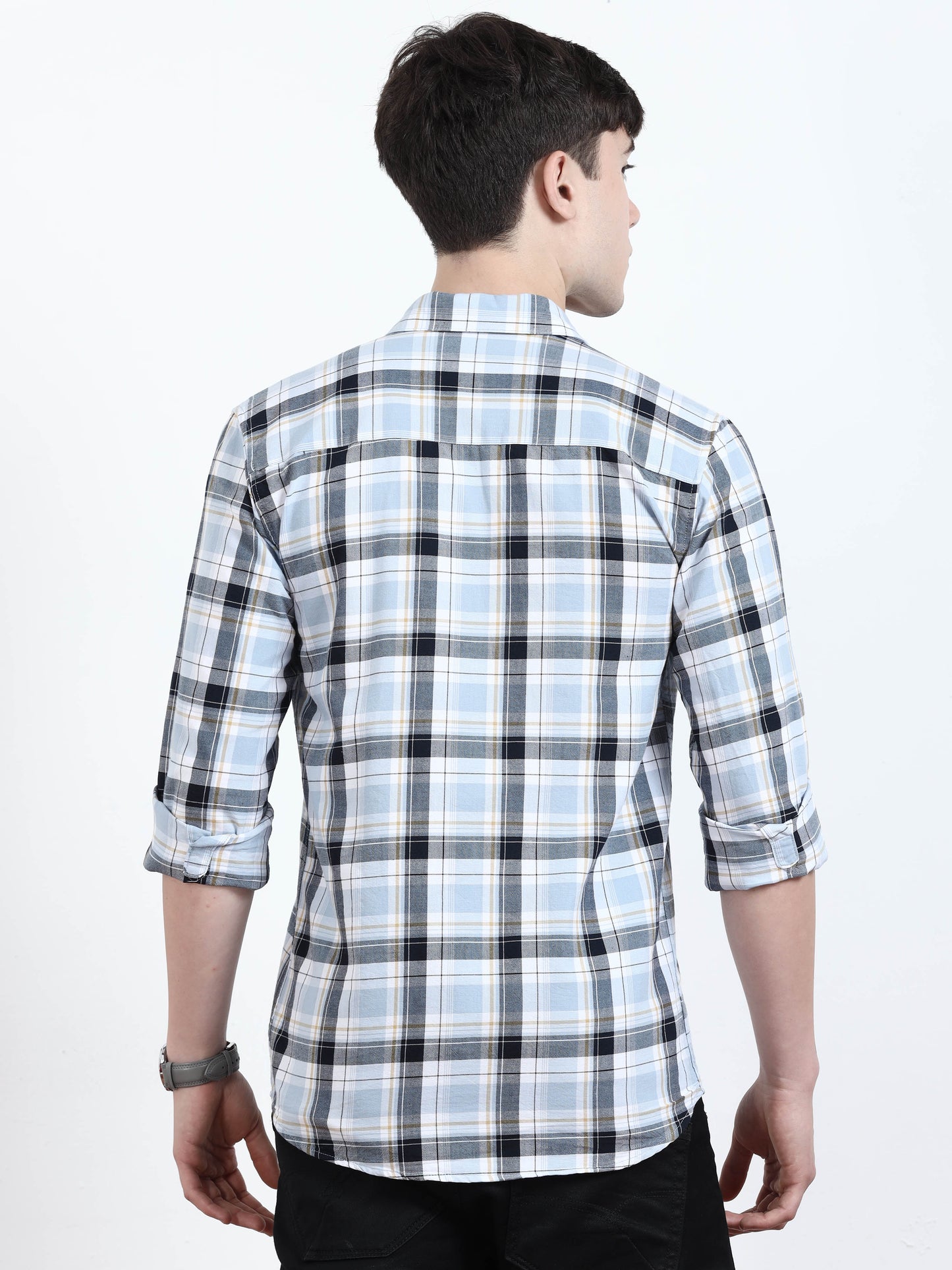 Classic Sky Blue And Black Check Shirt For Men