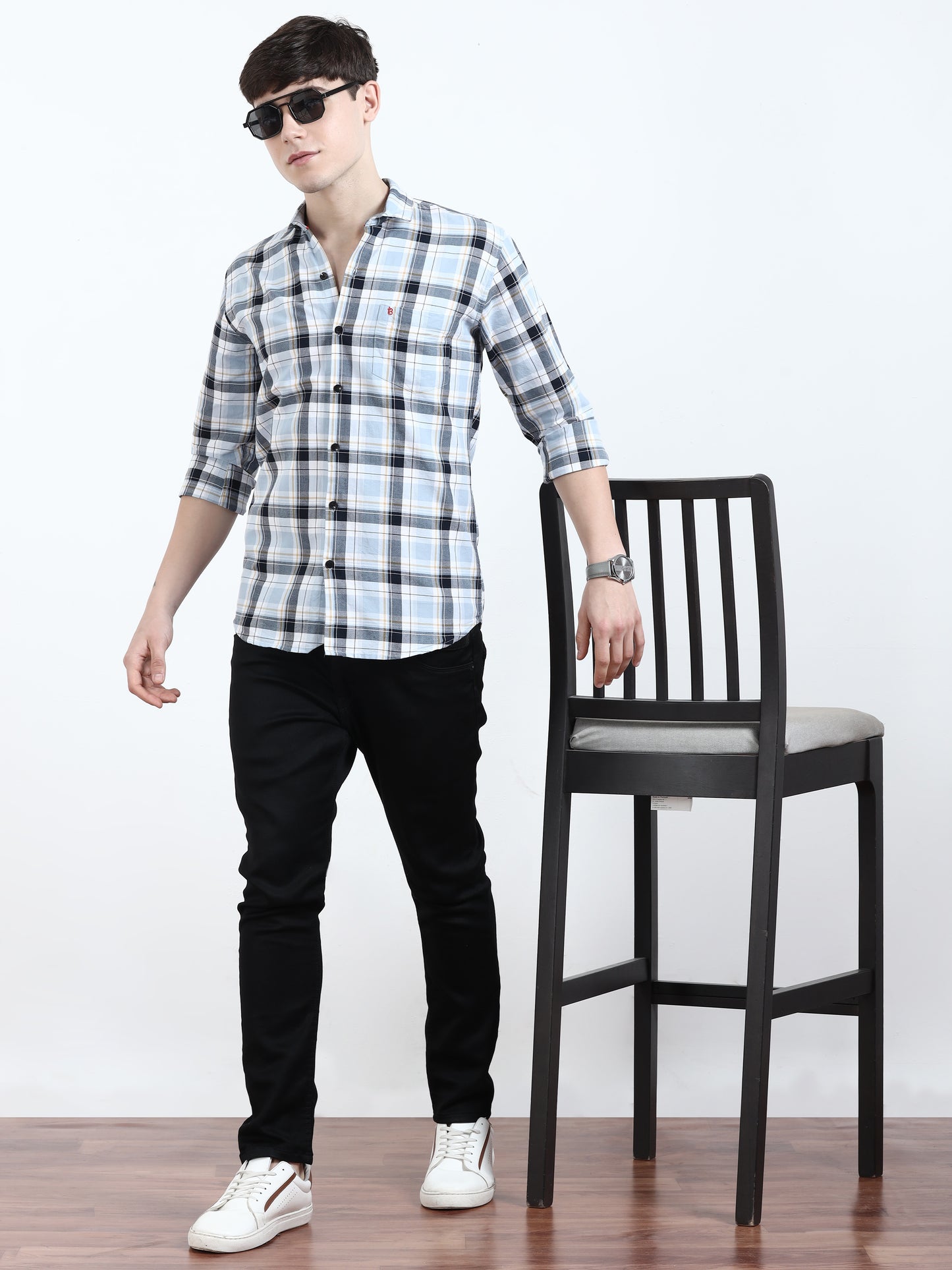 Classic Sky Blue And Black Check Shirt For Men