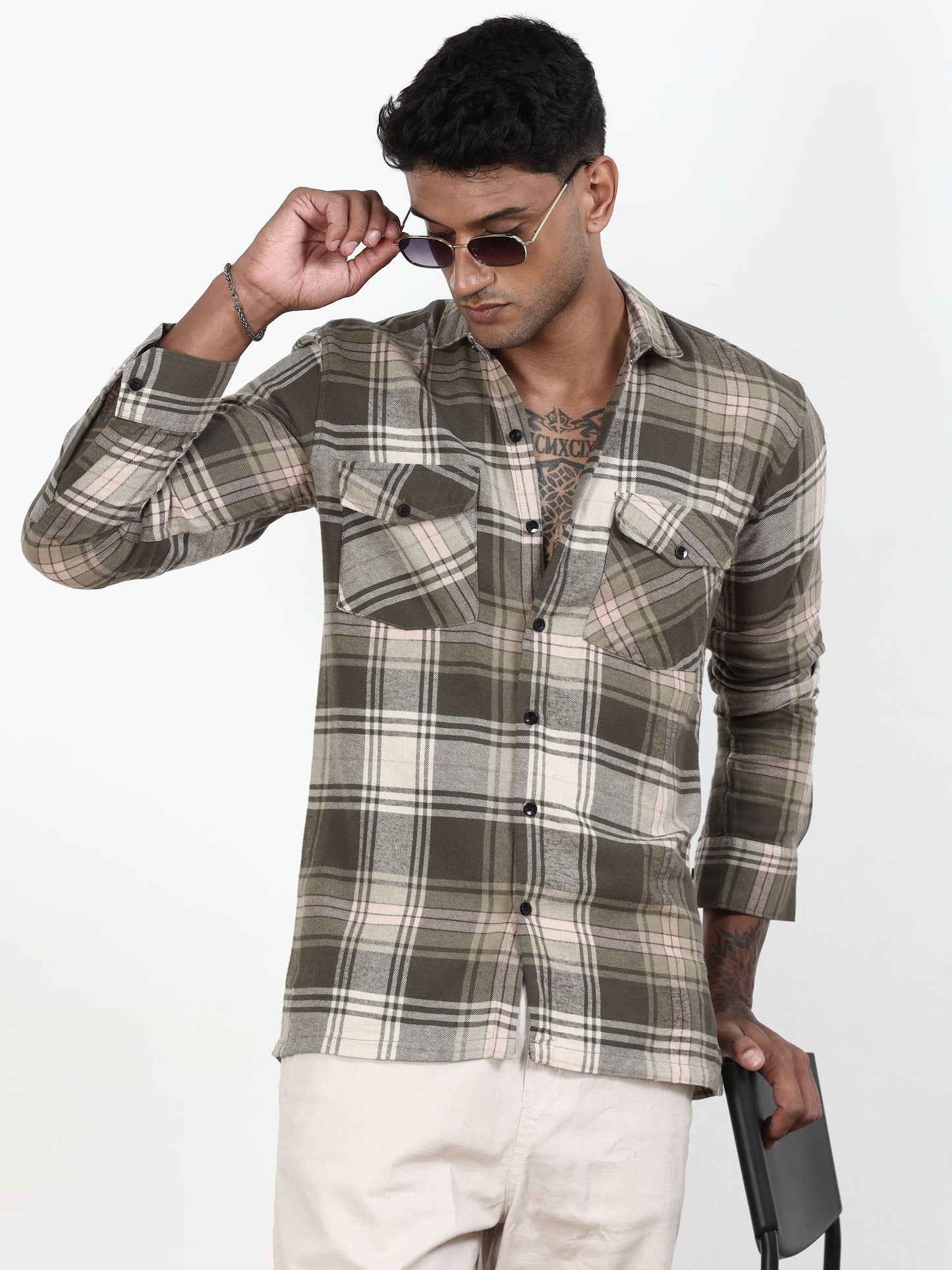Olive Green Check Shirt For Men