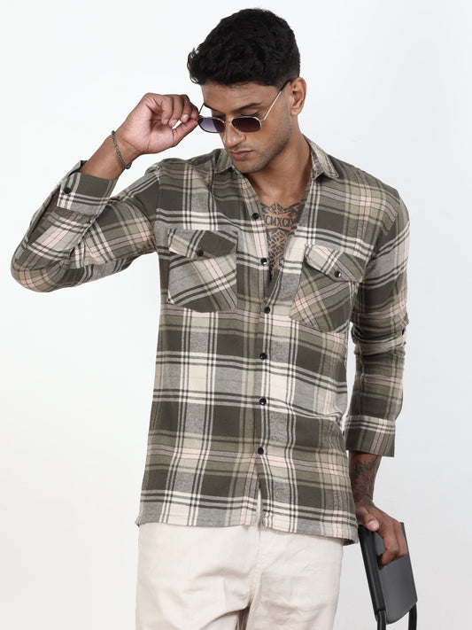 Olive Green Check Shirt For Men