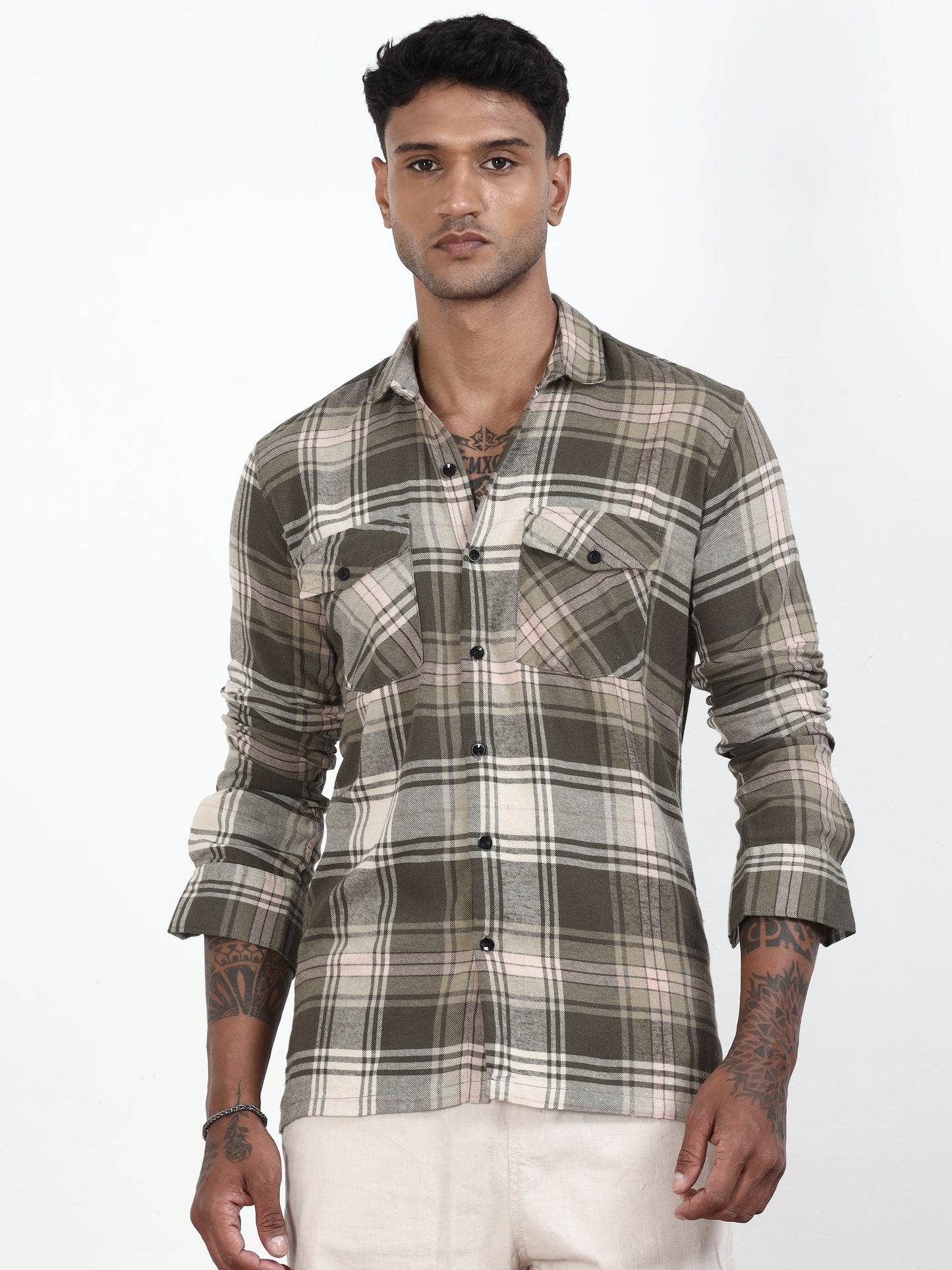 Olive Green Check Shirt For Men