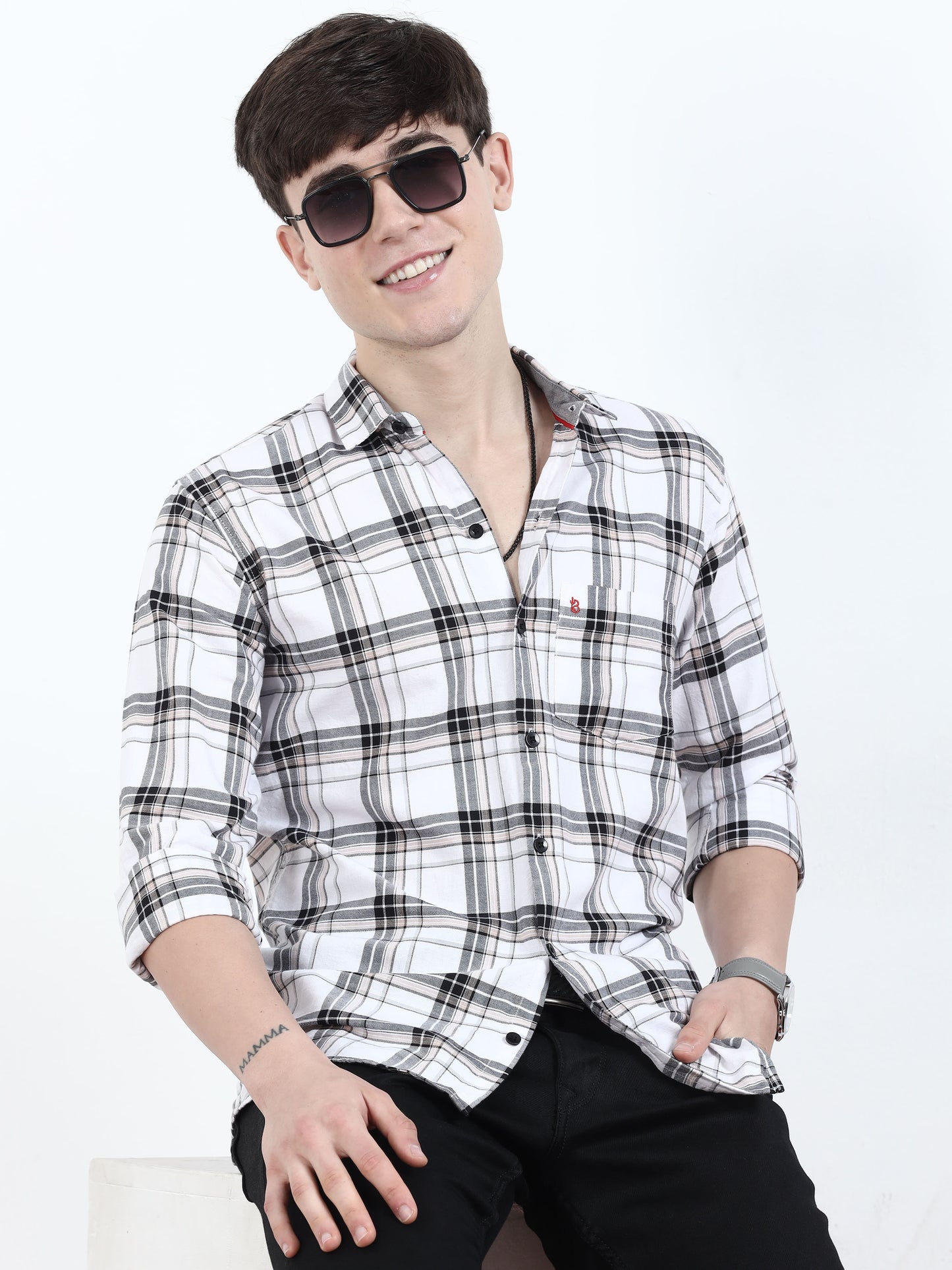 Black & Beige Tartan Opaque Mens Casual Check Shirts for men