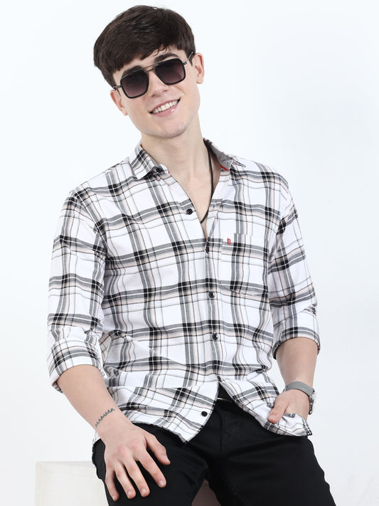 Black & Beige Tartan Opaque Mens Casual Check Shirts for men