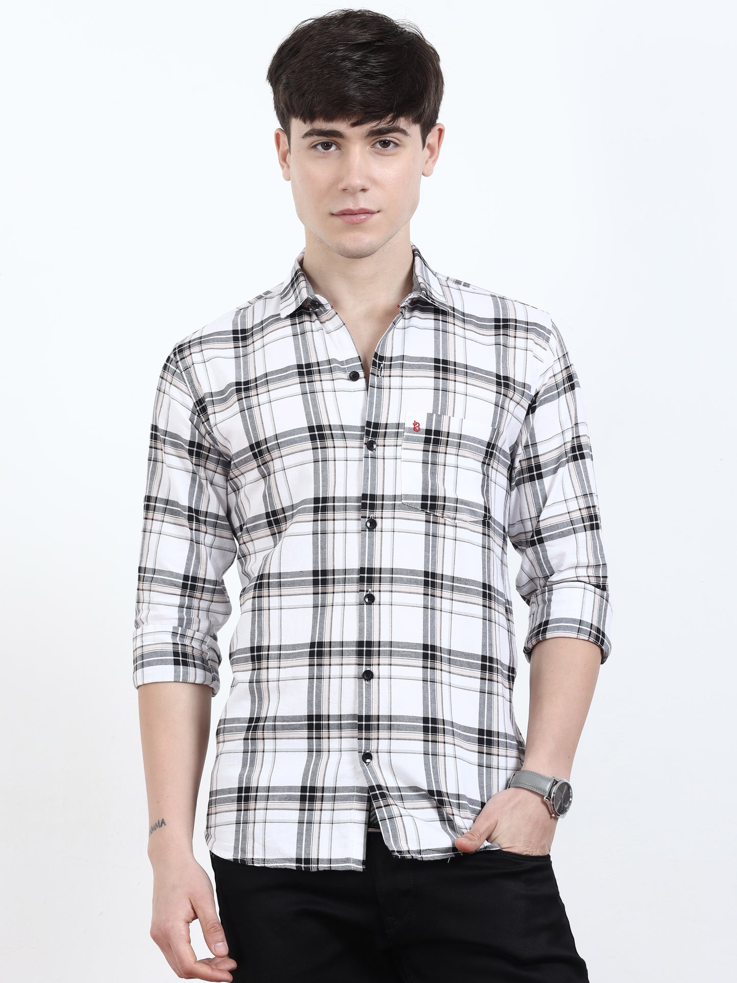 Black & Beige Tartan Opaque Mens Casual Check Shirts for men