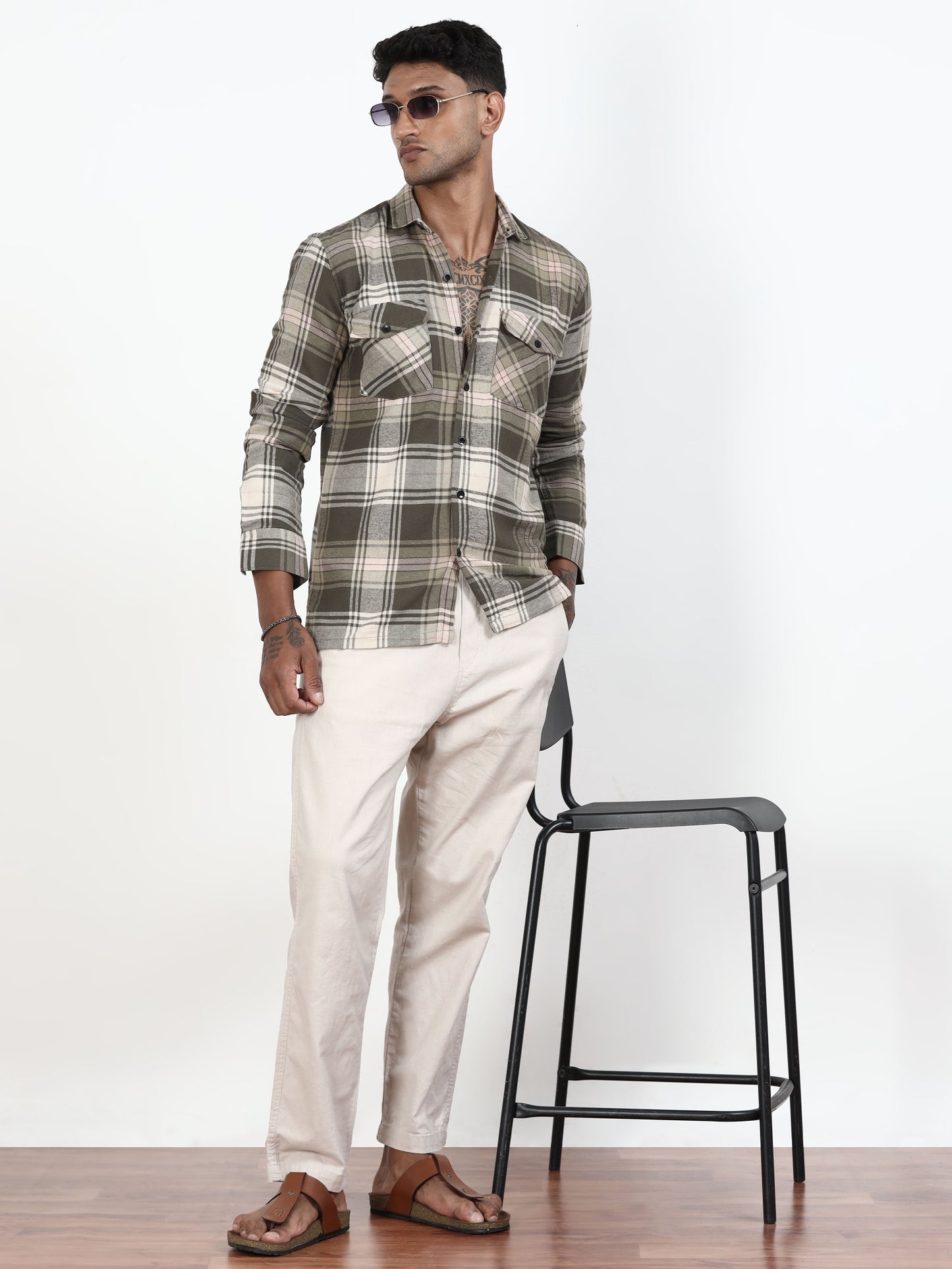 Olive Green Check Shirt For Men