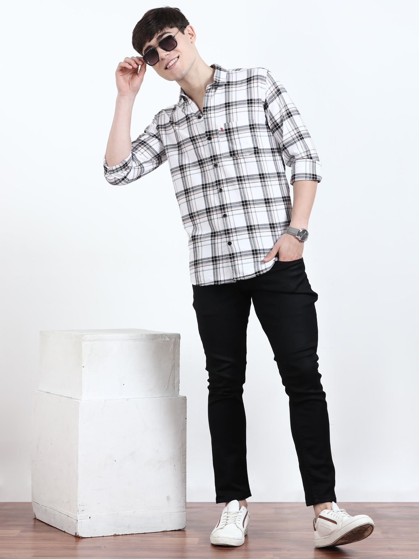 Black & Beige Tartan Opaque Mens Casual Check Shirts for men