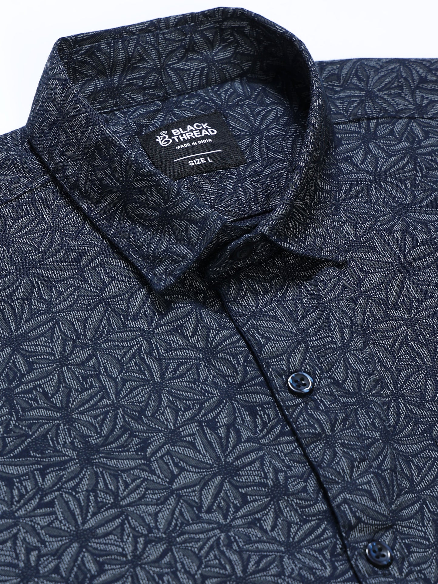 Men's Linen Navy Blue Micro Star Geometric Printed Shirt