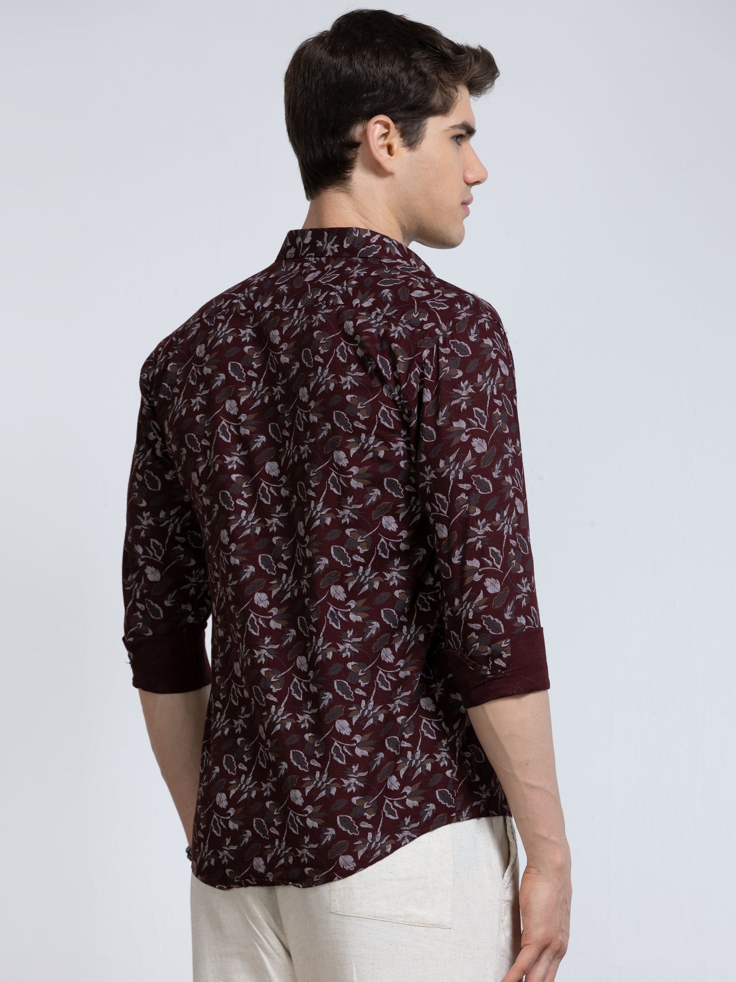 Men's Linen Wine Floral Printed Shirt