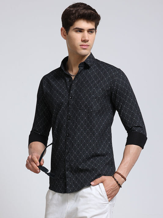 Men's Linen Black Geometric Printed Shirt