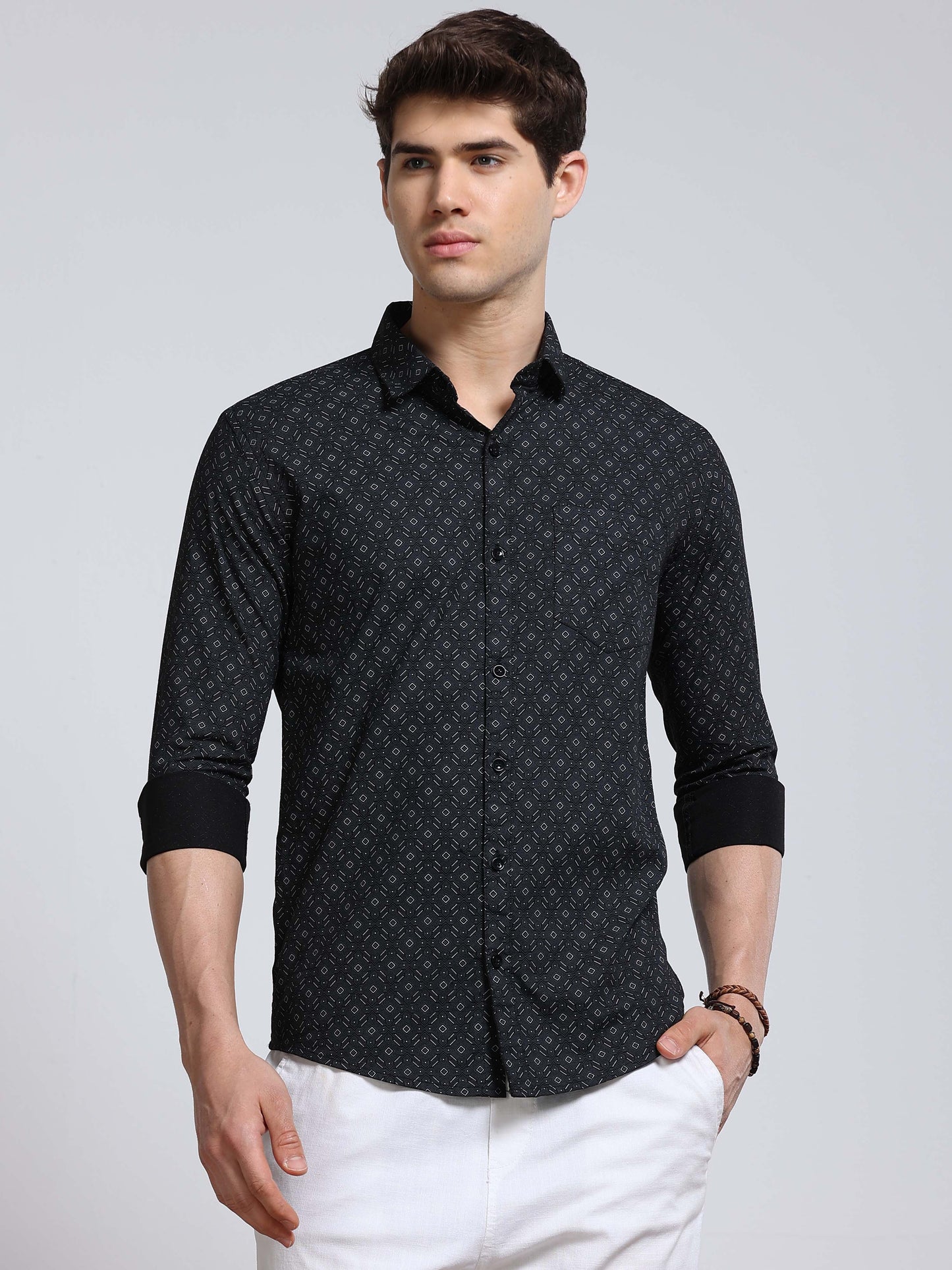 Men's Linen Black Geometric Printed Shirt