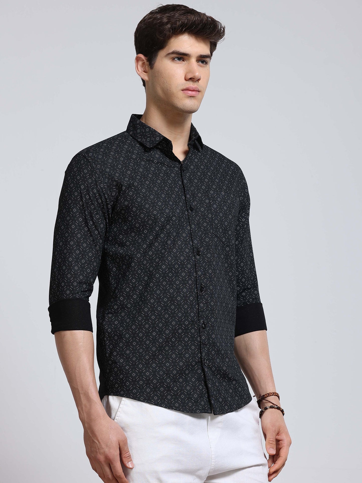 Men's Linen Black Geometric Printed Shirt