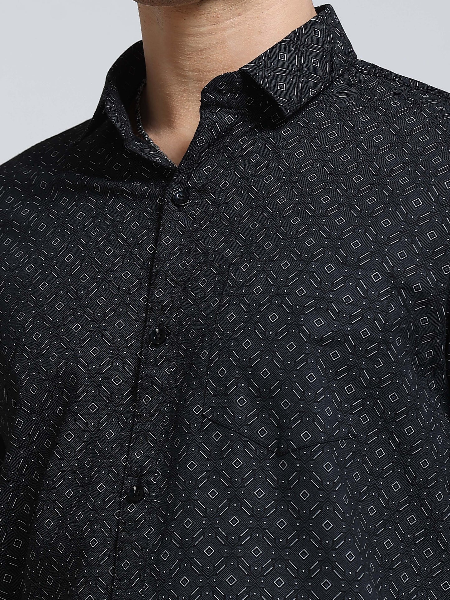 Men's Linen Black Geometric Printed Shirt