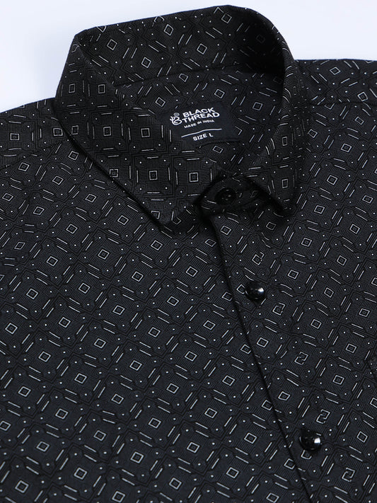 Men's Linen Black Geometric Printed Shirt