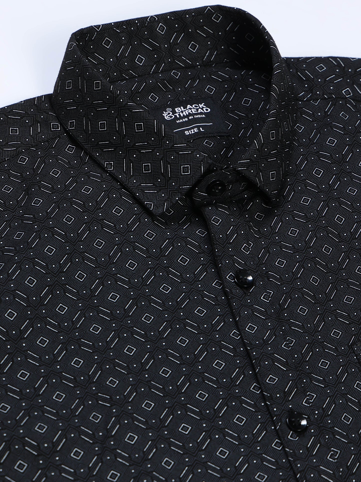 Men's Linen Black Micro Diamond Geometric Printed Shirt