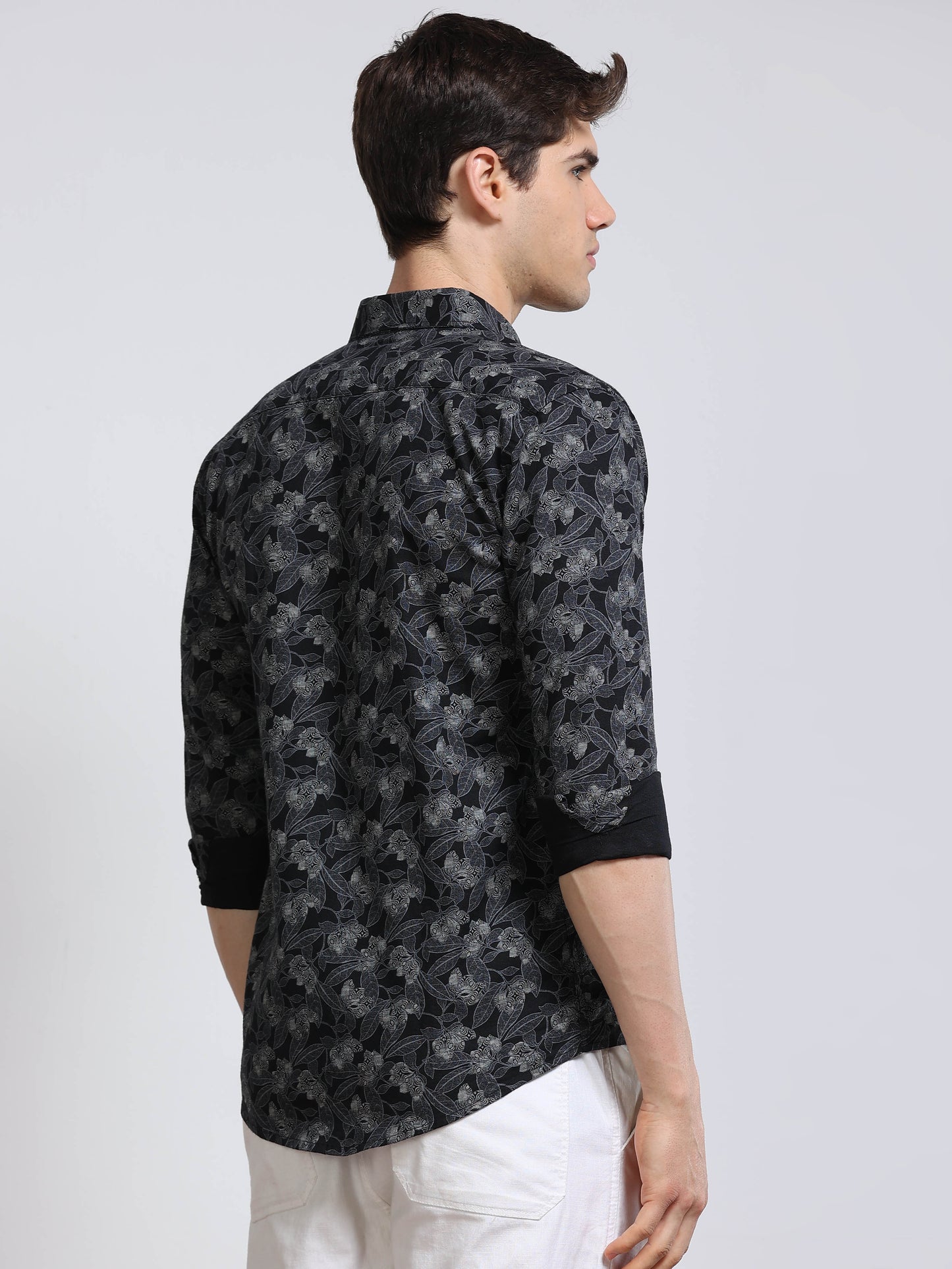 Men's Linen Black Floral Printed Shirt
