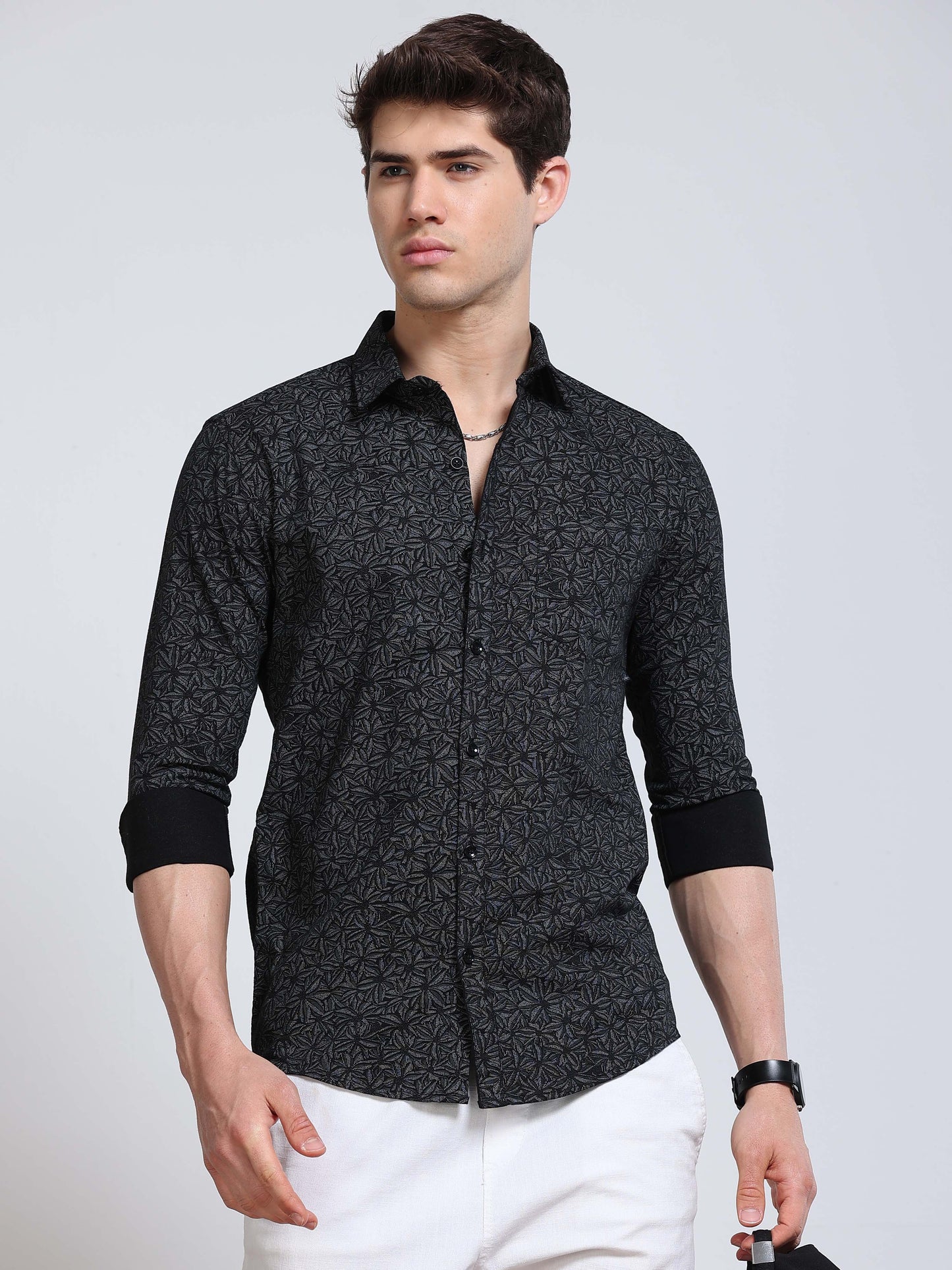 Men's Linen Black Abstract Printed Shirt