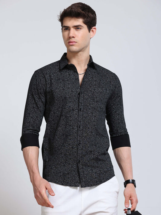Men's Linen Black Abstract Printed Shirt