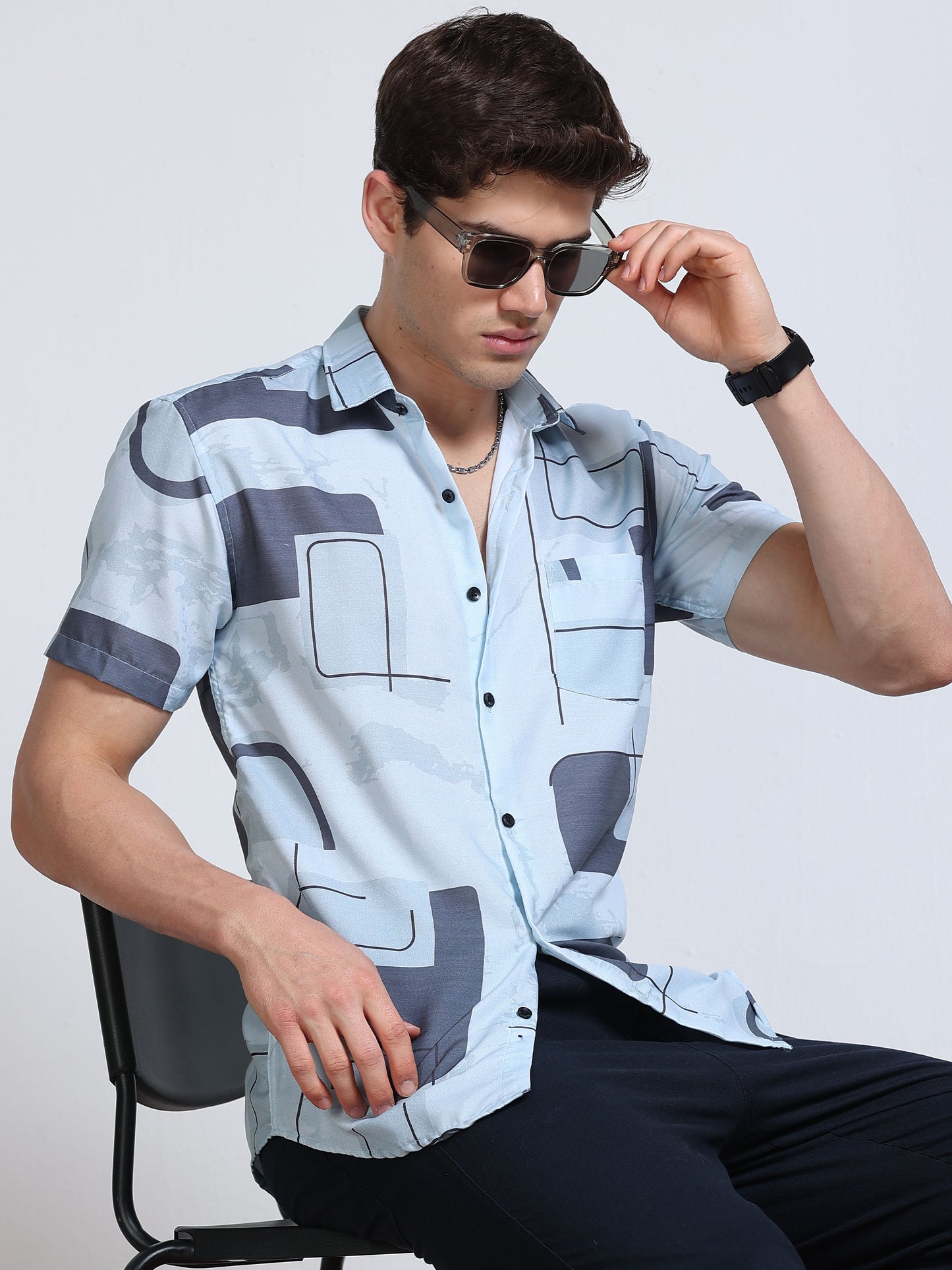 Men's Rayan Light Blue Geometric Printed Half Sleeve Shirt