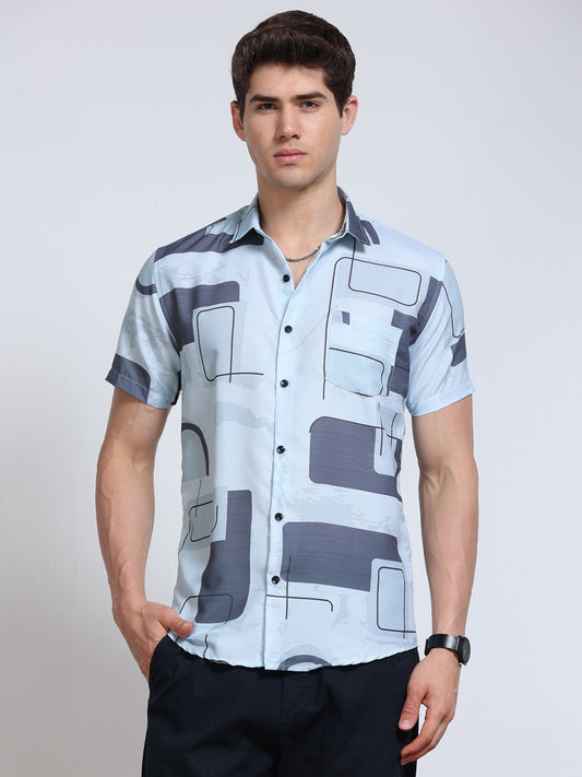 Men's Rayan Light Blue Geometric Printed Half Sleeve Shirt