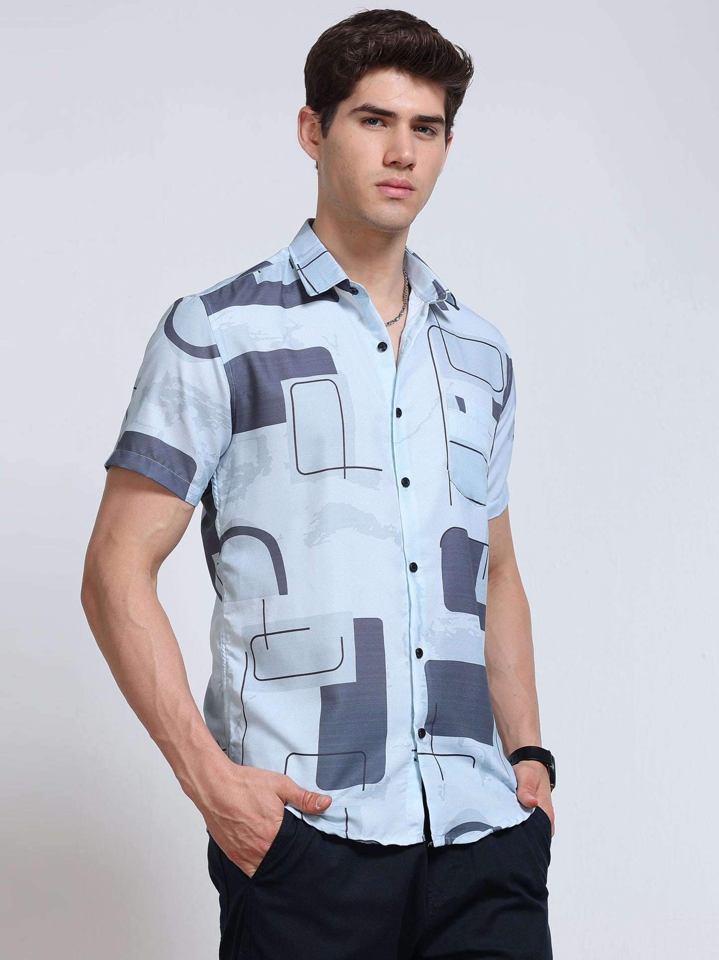 Men's Rayan Light Blue Geometric Printed Half Sleeve Shirt