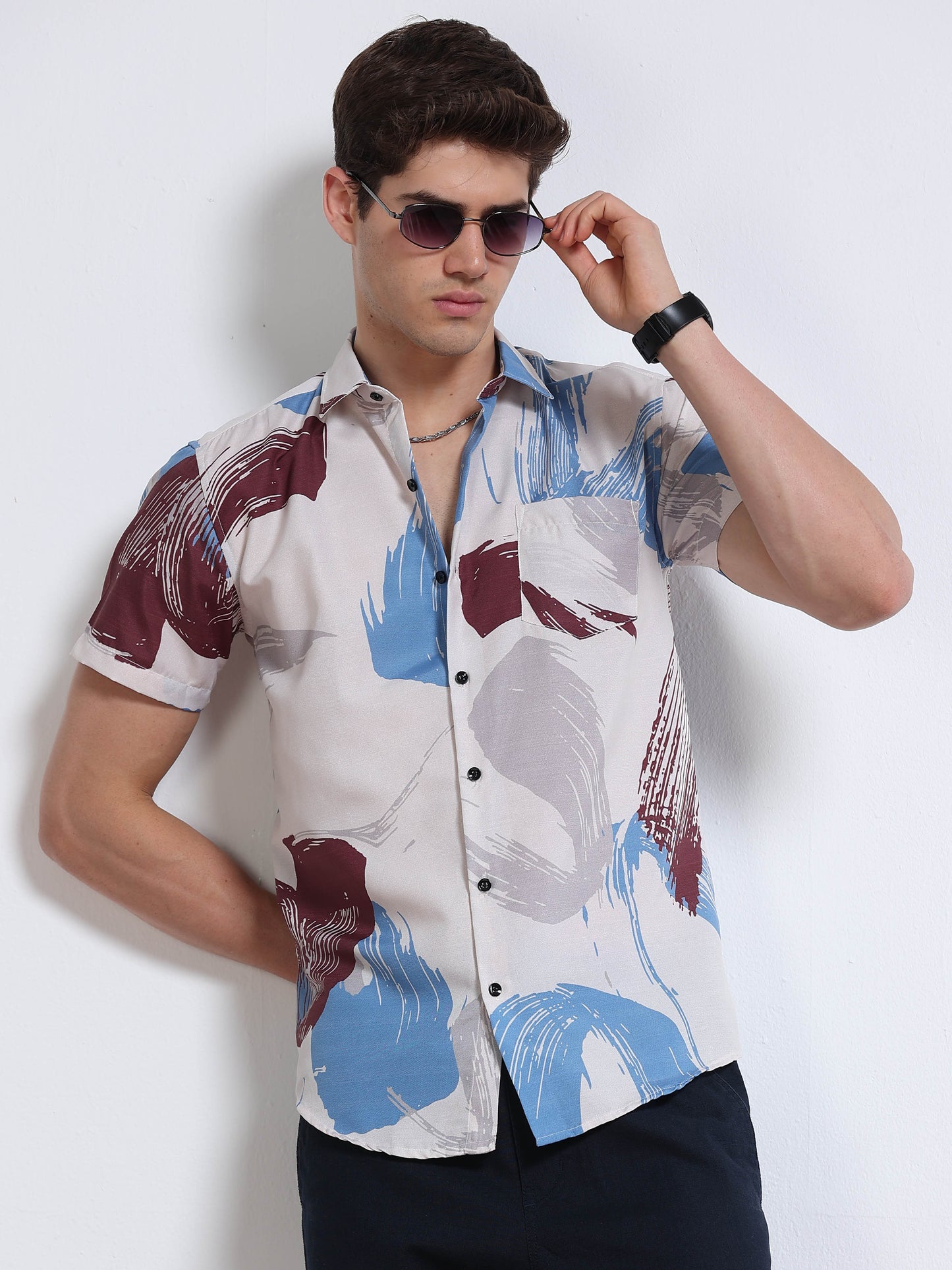 Men's Rayan White Abstract Brush Stroke Printed Half Sleeve Shirt
