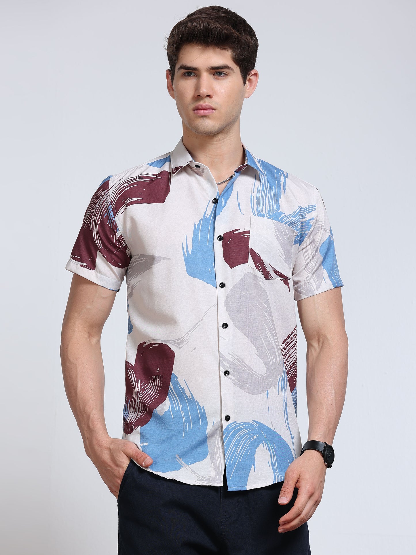 Men's Rayan White Abstract Brush Stroke Printed Half Sleeve Shirt