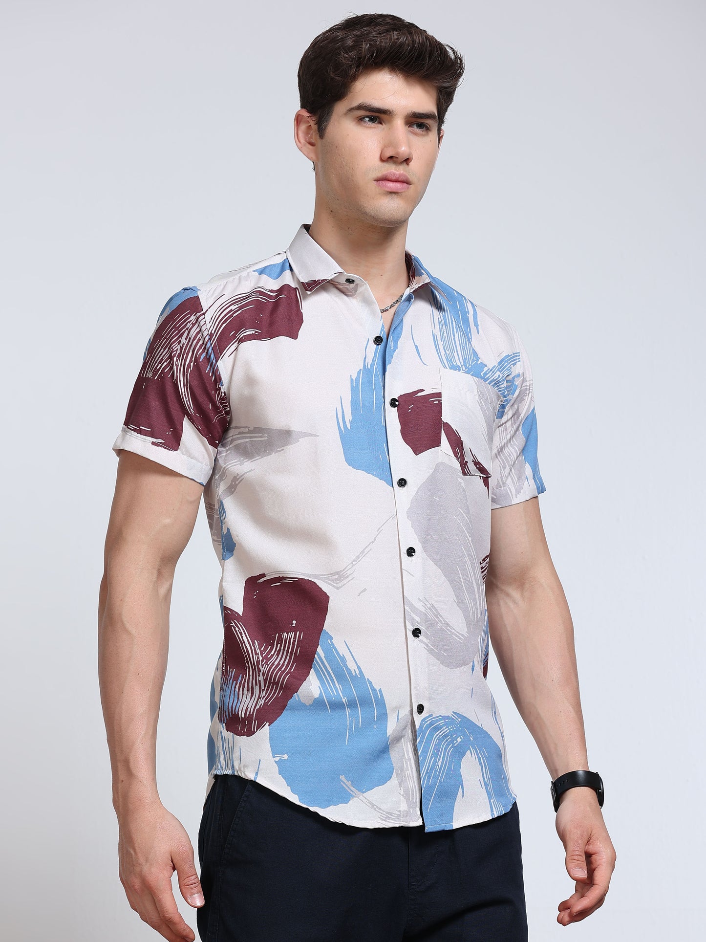 Men's Rayan White Abstract Brush Stroke Printed Half Sleeve Shirt