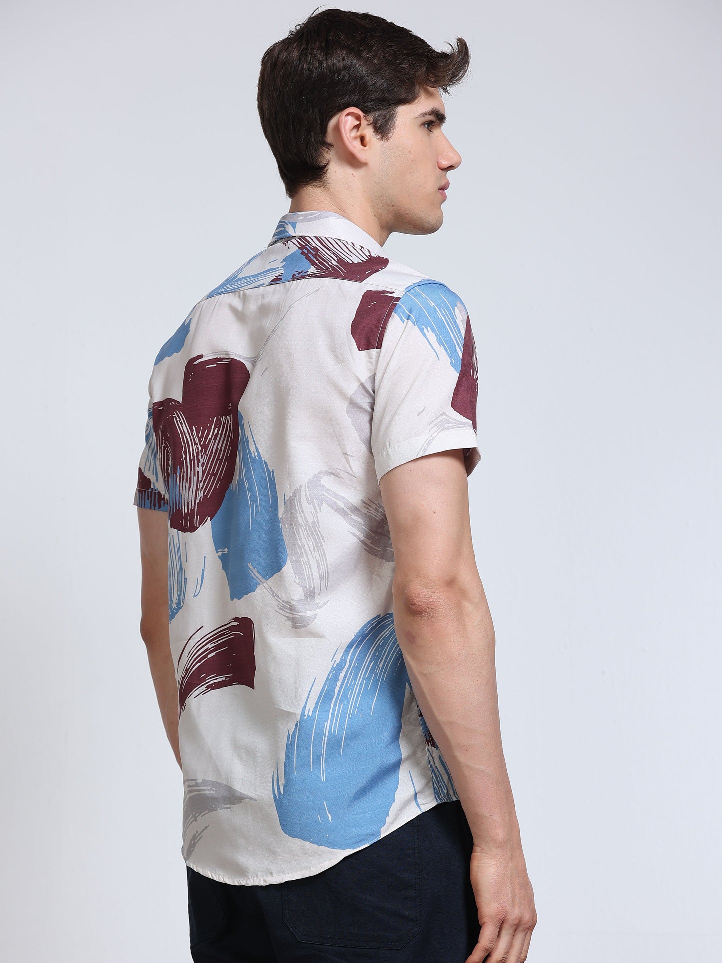 Men's Rayan White Abstract Brush Stroke Printed Half Sleeve Shirt