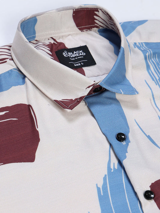 Men's Rayan White Abstract Brush Stroke Printed Half Sleeve Shirt