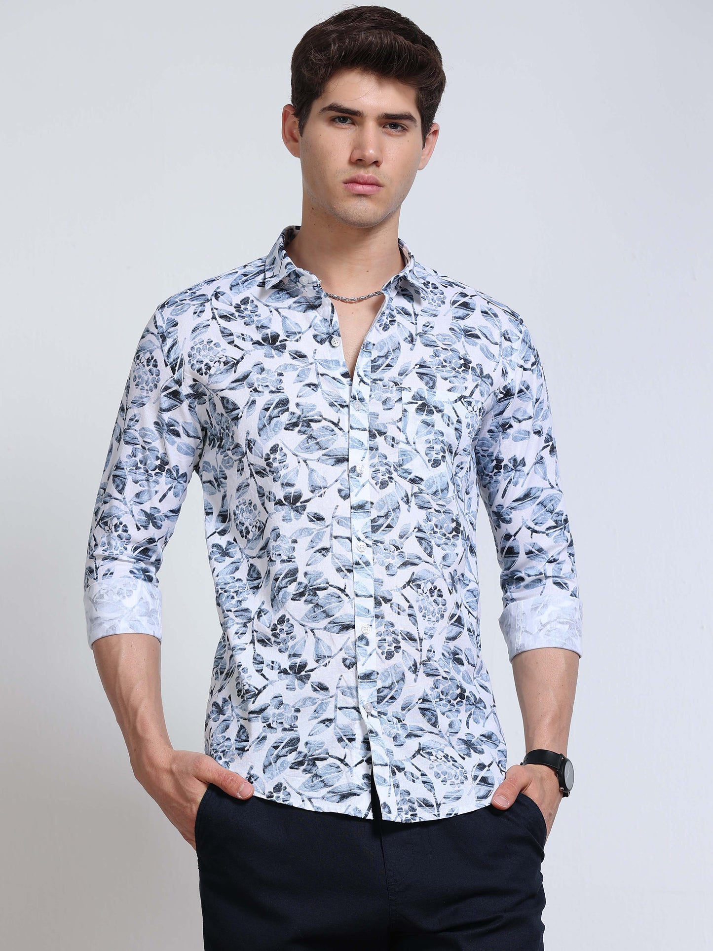 Men's Linen White Floral Printed Shirt