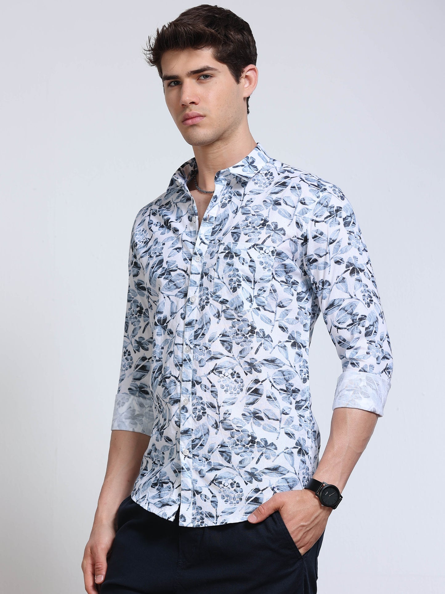 Men's Linen White Floral Printed Shirt