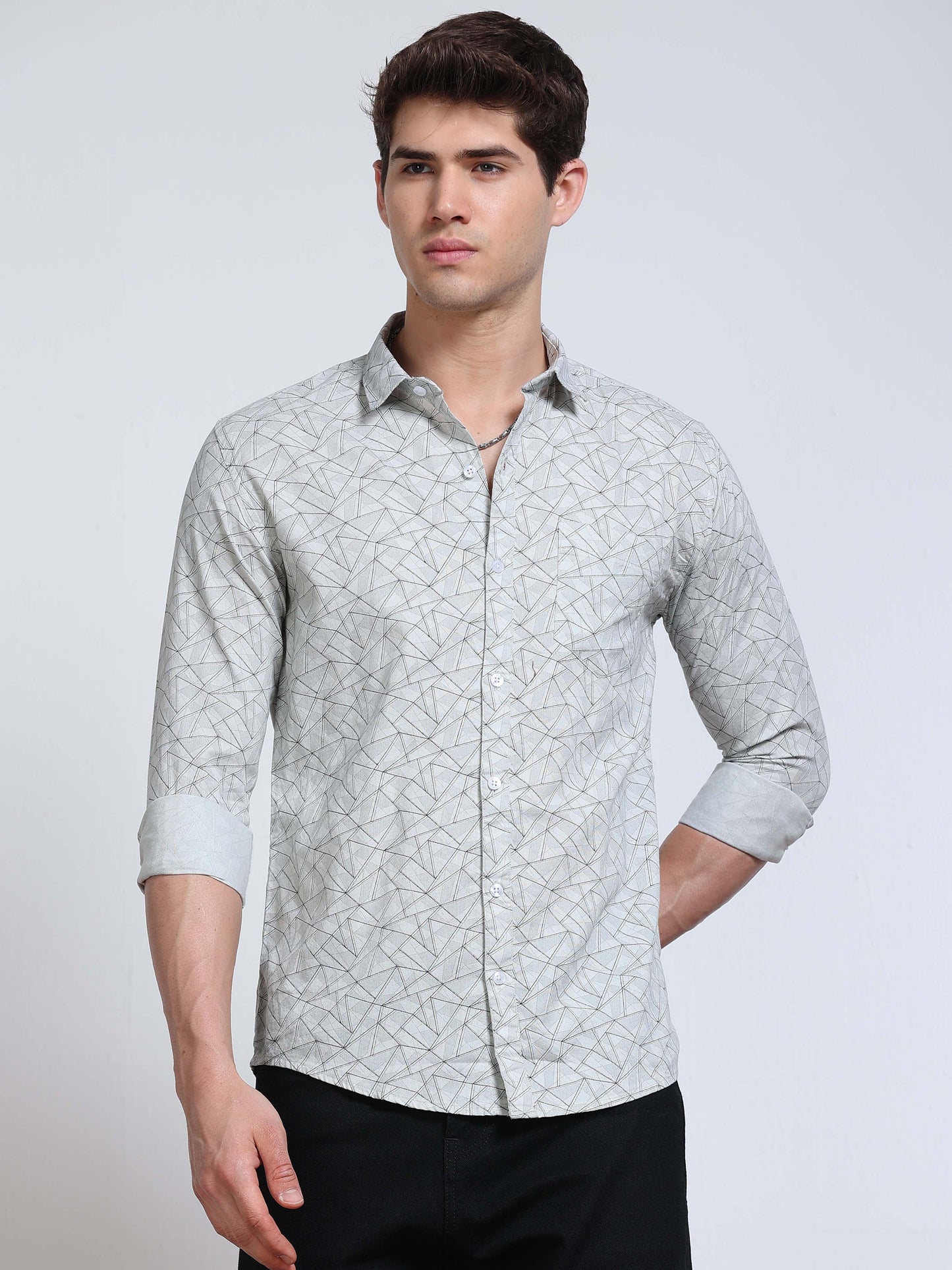 Men's Linen Grey Geometric Triangle Printed Shirt