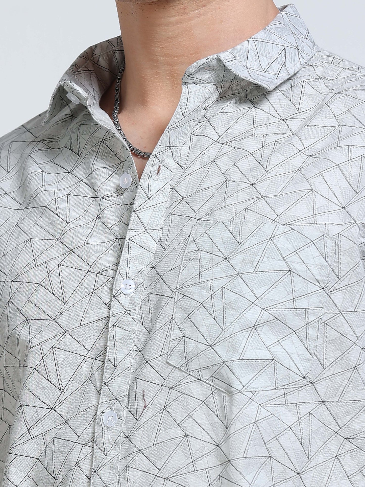 Men's Linen Grey Geometric Triangle Printed Shirt