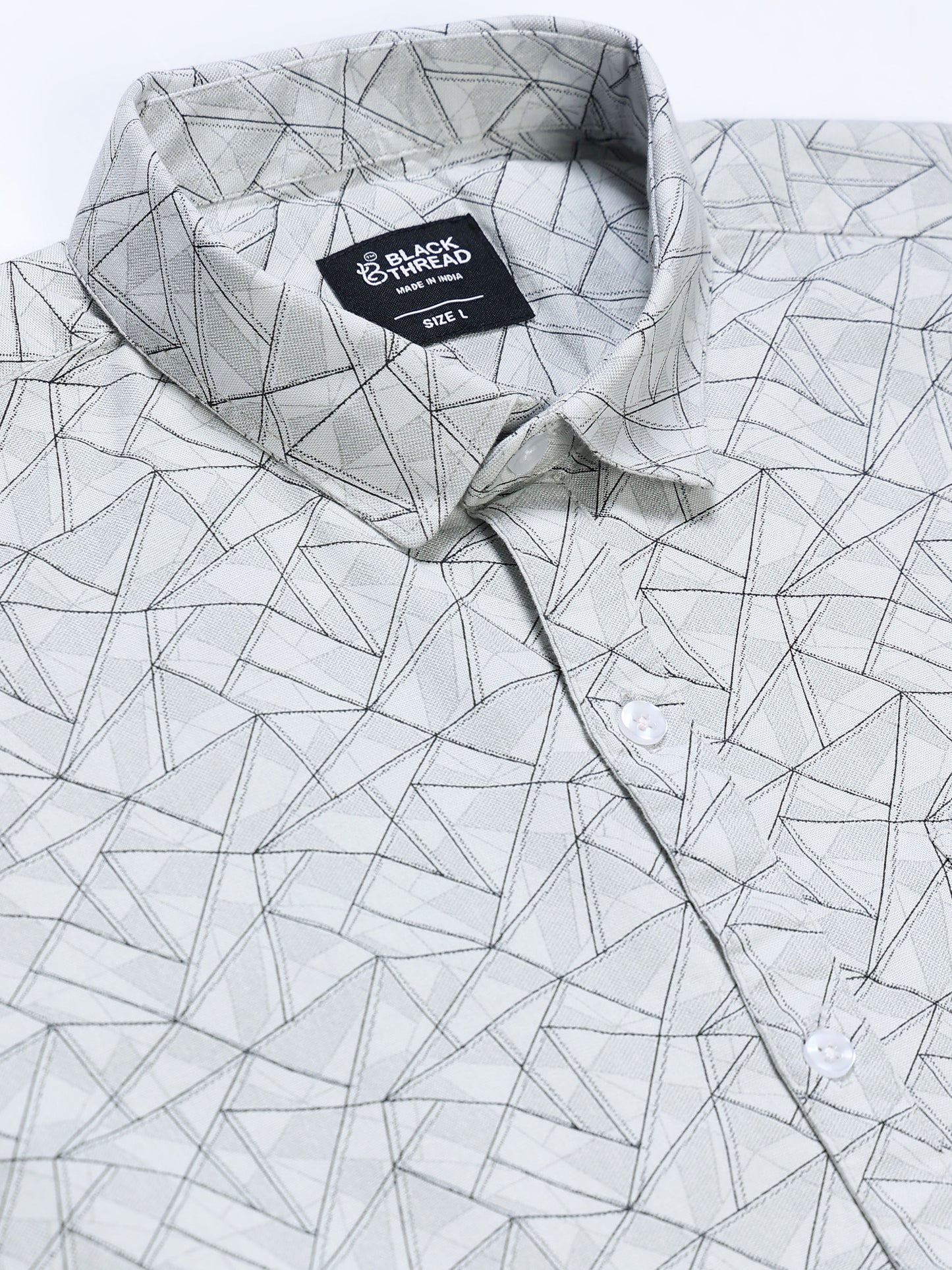 Men's Linen Grey Geometric Triangle Printed Shirt