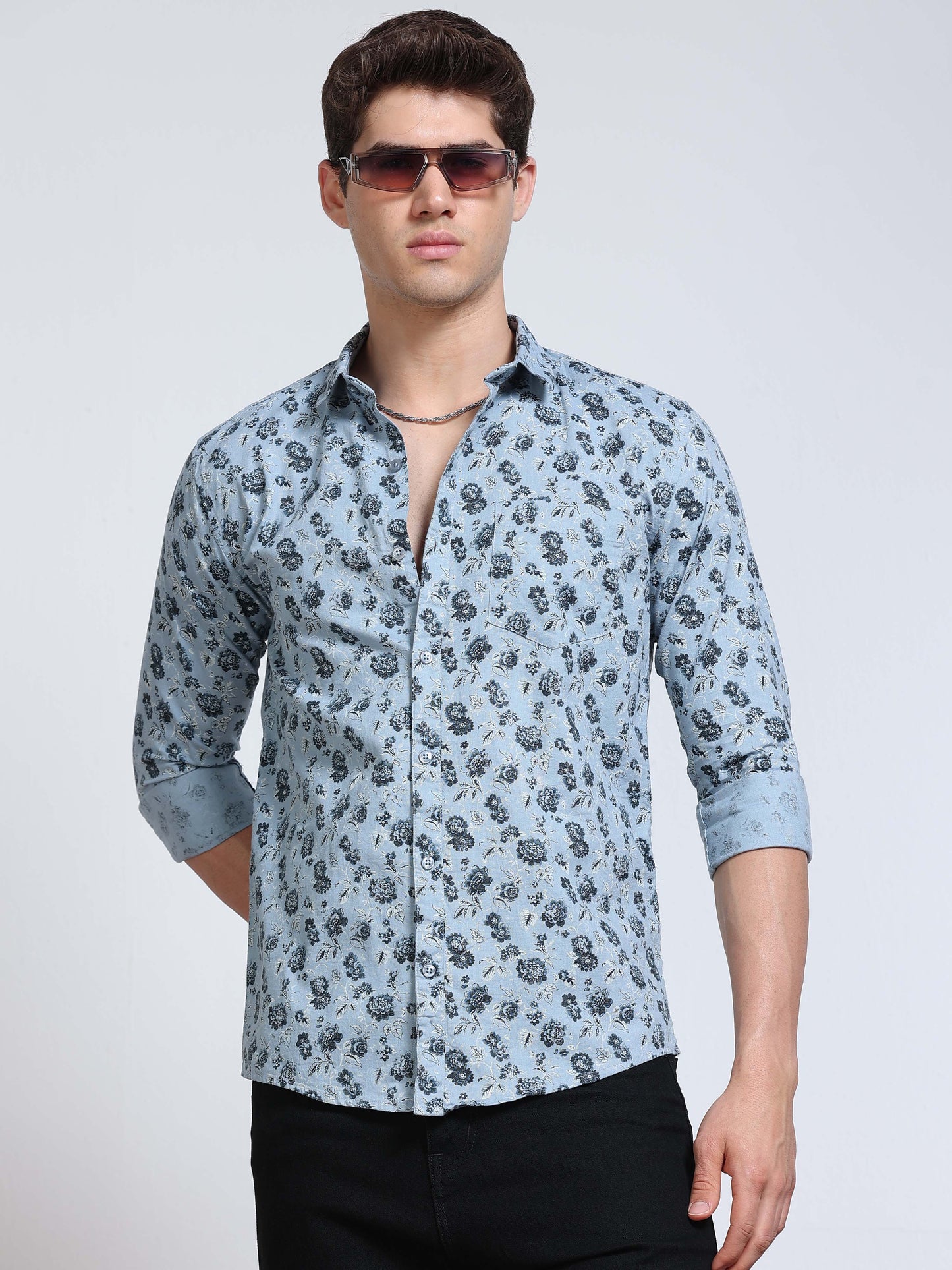 Men's Linen Light Blue Dark Floral Printed Shirt