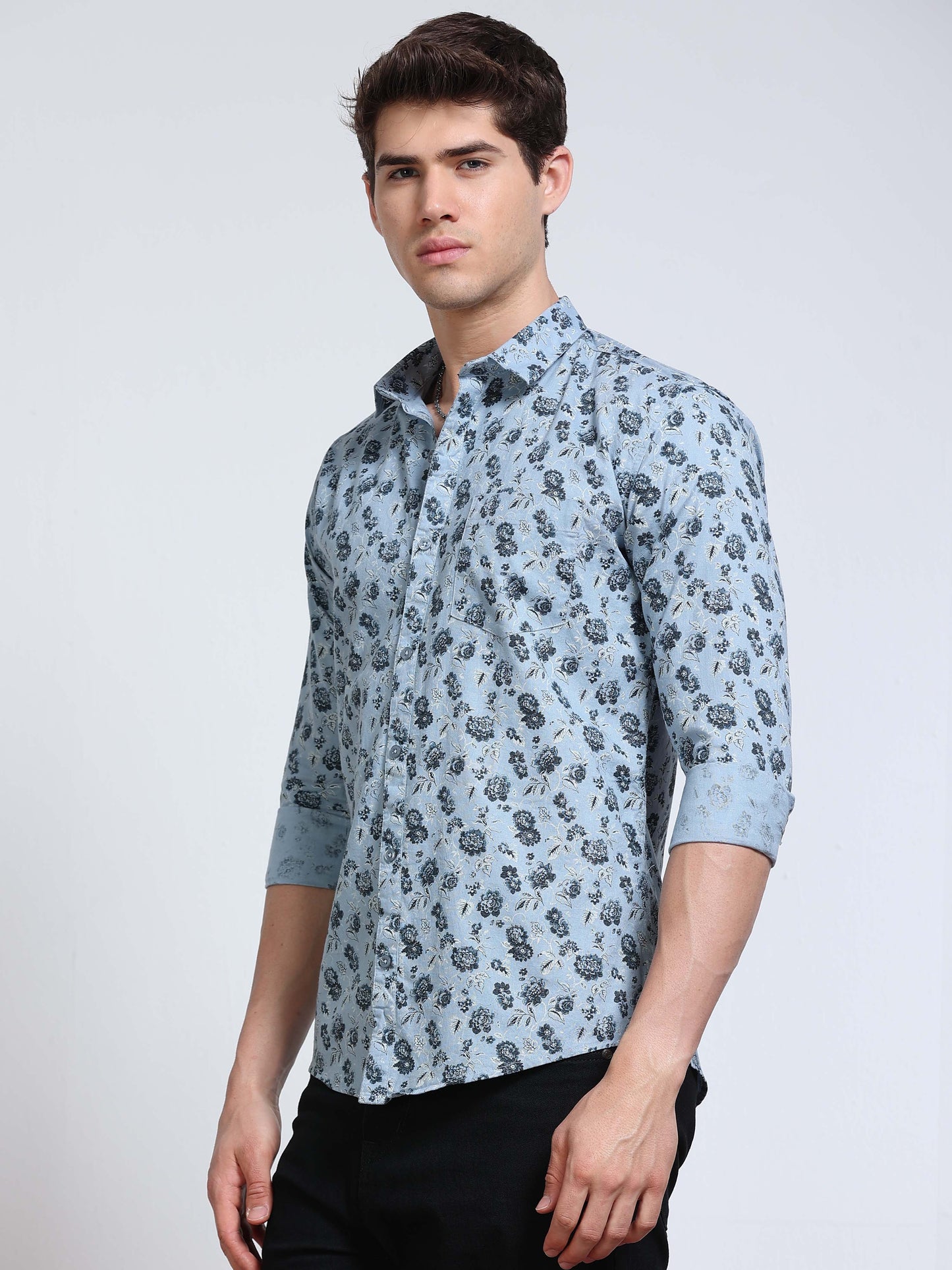 Men's Linen Light Blue Dark Floral Printed Shirt