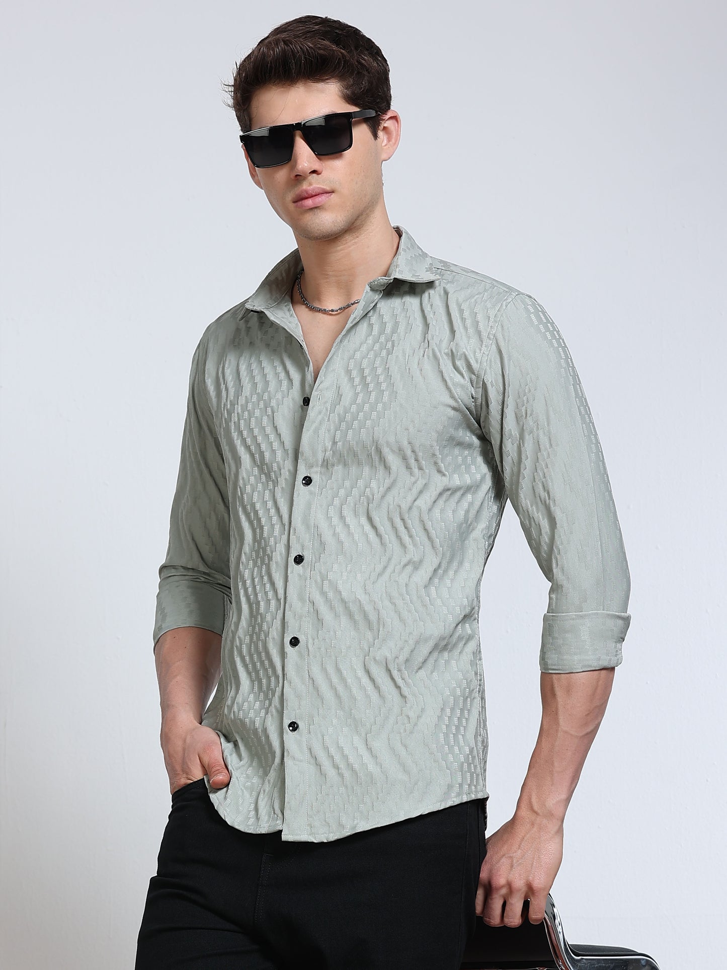 Men's Sage Green Wave Textured Casual Shirt